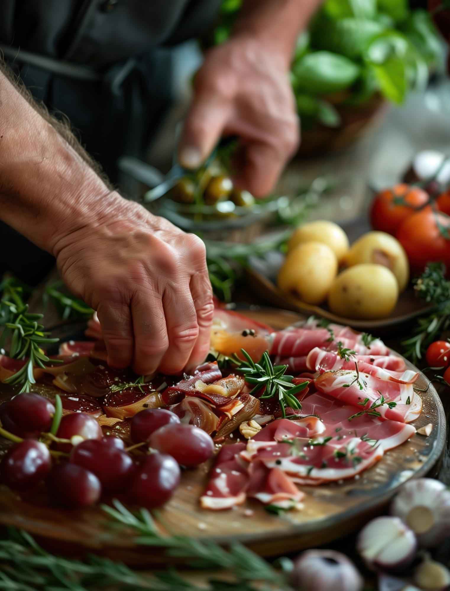 Chef italiano prepara una tagliere con ingredienti locali